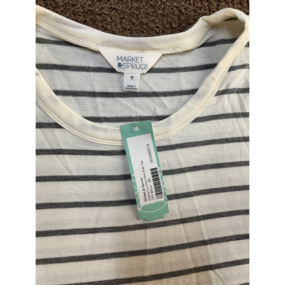 Market & Spruce Zansia Curved Hem Knit Top Off-White Grey Stripe XS WK10069A - Picture 8 of 11